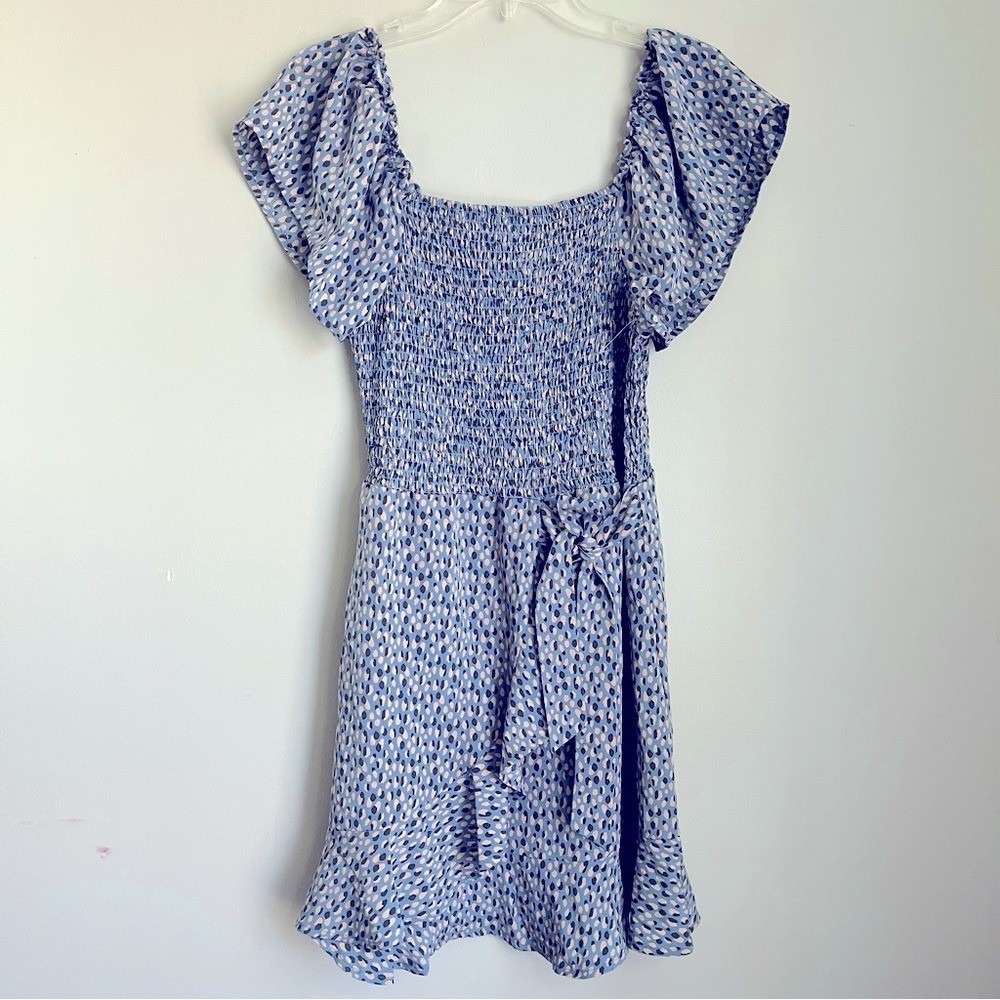 Melrose & Market Blue Leopard Print Smocked Flutter Sleeve Mini Dress Large